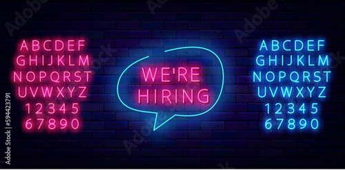 We are hiring neon label. Free vacancy emblem. Luminous pink and blue alphabet. Vector stock illustration