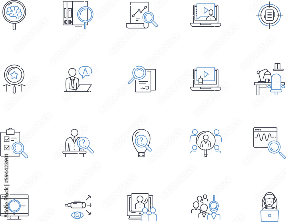 Investigate line icons collection. Scrutinize, Analyze, Examine, Research, Probe, Inspect, Delve vector and linear illustration. Explore,Study,Question outline signs set Investigate line icons collection. Scrutinize, Analyze, Examine, Research, Probe, Inspect, Delve vector and linear illustration. Explore,Study,Question outline signs set