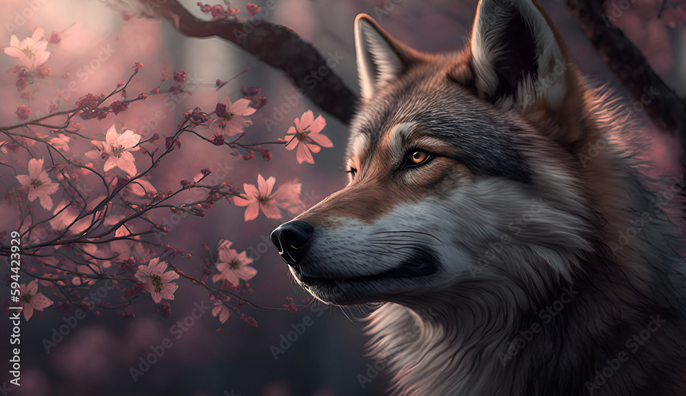 Obraz premium オオカミ cherry blossoms and wolves generative AI