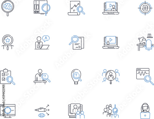Investigate line icons collection. Scrutinize, Analyze, Examine, Research, Probe, Inspect, Delve vector and linear illustration. Explore,Study,Question outline signs set