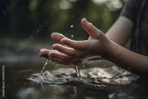Mains d'enfant jouant dans l'eau d'une rivière » IA générative