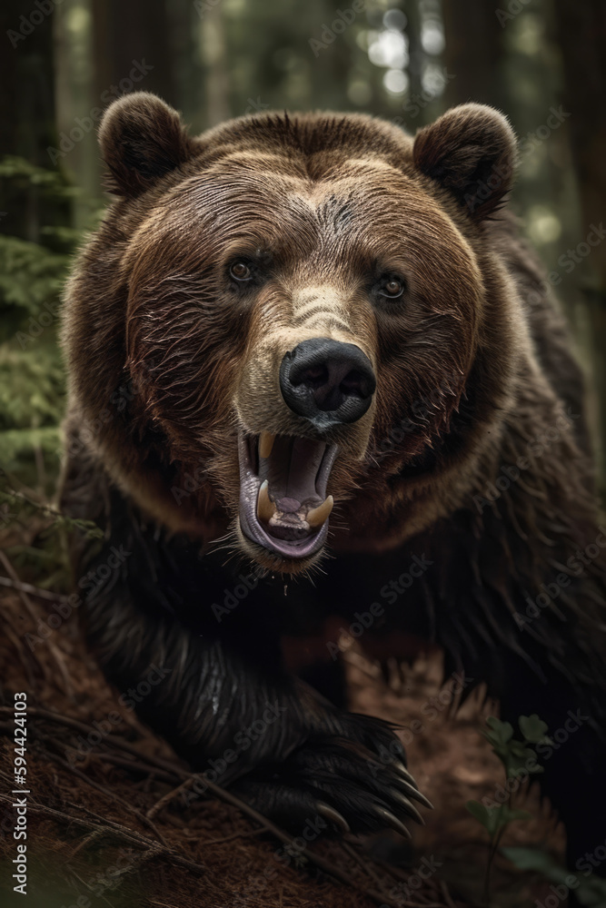 Brown bear in the wild. Kamchatka Forest. Wild Grizzle bear roaring aggressively running towards camera generative ai Brown bear in the wild. Kamchatka Forest. Wild Grizzle bear roaring aggressively running towards camera generative ai