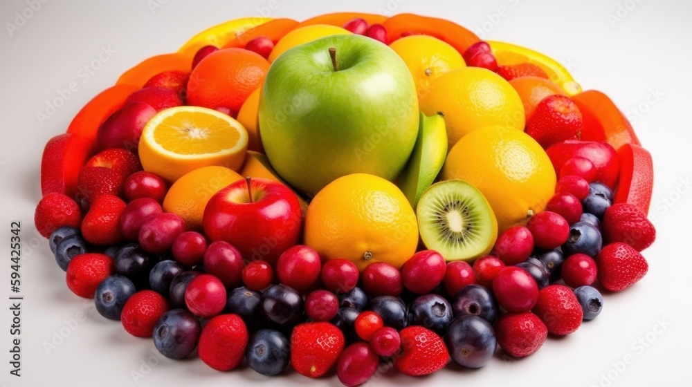 A colorful grouping of varied fruits on a white background. Generative AI. A colorful grouping of varied fruits on a white background. Generative AI.