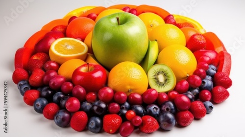 A colorful grouping of varied fruits on a white background. Generative AI. 