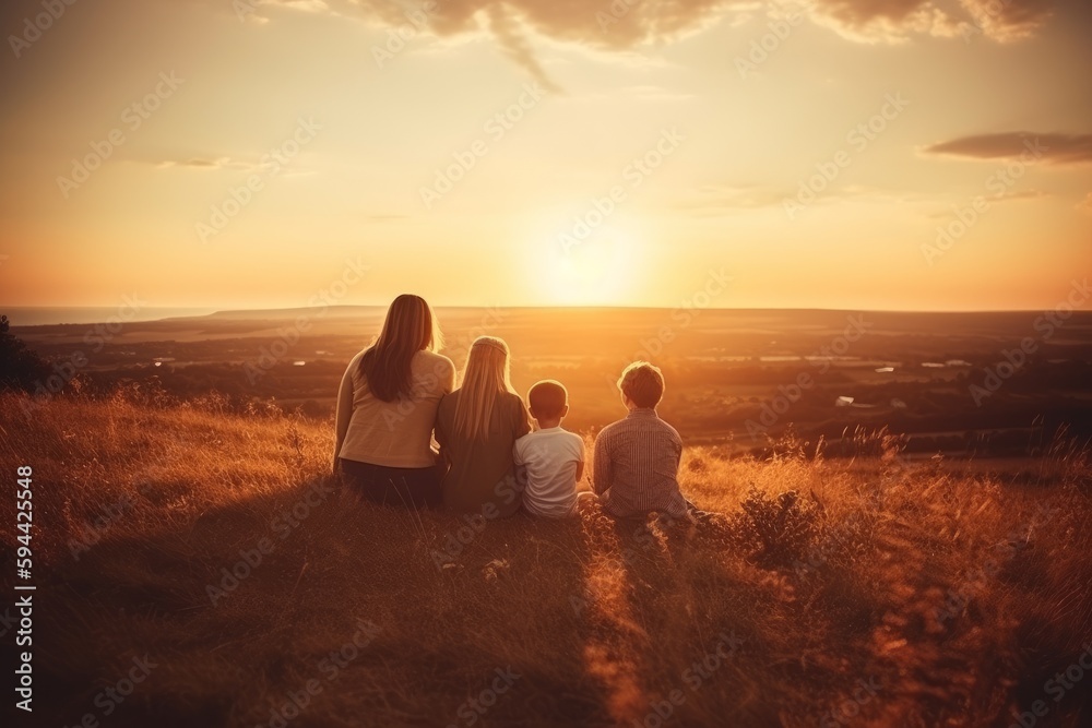 Happy family: lesbian couple ,children son and daughter on nature at sunset. Generative AI