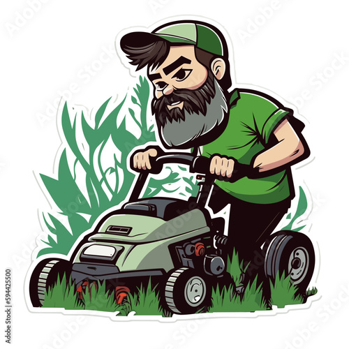 A bearded driver of a petrol-powered lawnmower mows the lawn in his garden. Gardening concept. Cartoon vector illustration. label, sticker, t-shirt printing