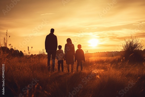 Happy young family  mother  father  children son and daughter on nature at sunset. Generative AI