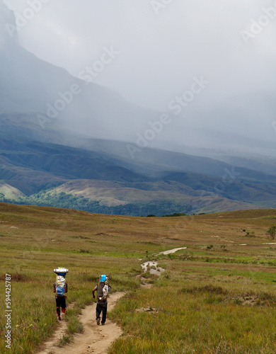Mount Roraima, Venezuela - 22.04.2019: Hikers on the trail to Mount Roraima