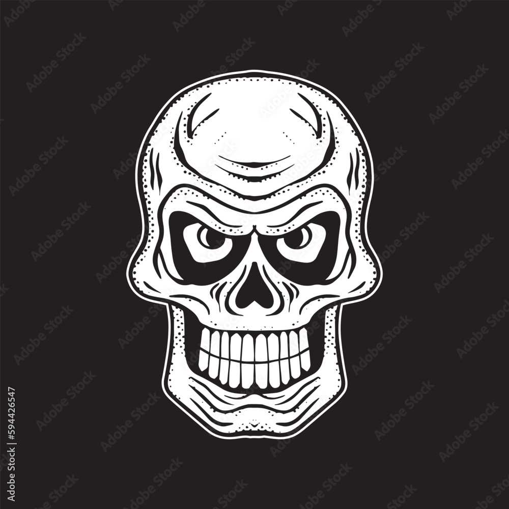 A skull with an angry expression art Illustration hand drawn style black and white premium vector