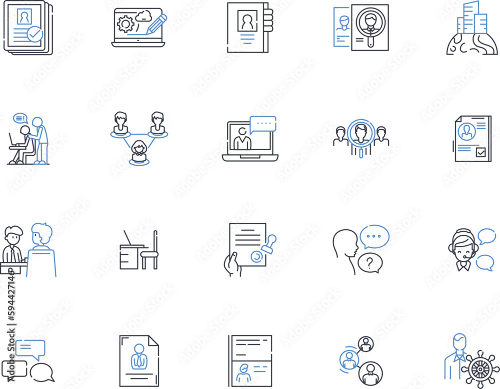 Staff selection line icons collection. Recruitment, Hiring, Screening, Interviewing, Shortlisting, Evaluation, Assessment vector and linear illustration. Orienting,Onboarding,Talent outline signs set