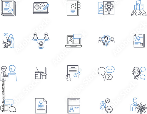 Staff selection line icons collection. Recruitment, Hiring, Screening, Interviewing, Shortlisting, Evaluation, Assessment vector and linear illustration. Orienting,Onboarding,Talent outline signs set