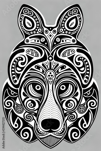 digital illustration  abstract DOGS pattern  black and white folklore motif  isolated on white background  vector texture  bear design in the middle  modern fashion print  