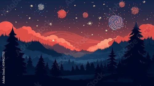 An illustrated background with fireworks over a landscape in festive and patriotic colors. Generative AI