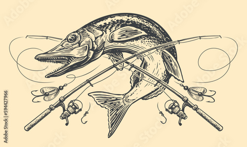 Pike fish, crossed rods and tackle emblem. Fishing, outdoor sports lifestyle concept, sketch vintage vector illustration