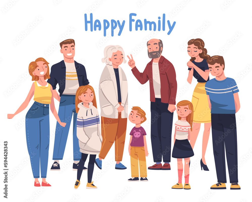 Fototapeta premium Happy Family Standing Together with Young and Old Generation with Kids Vector Illustration