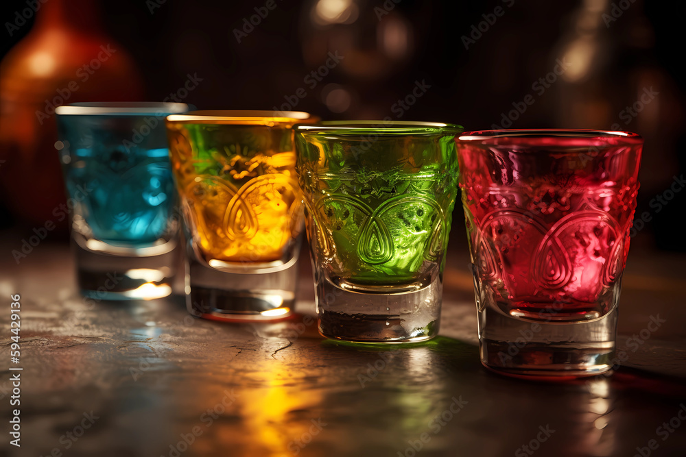 Fototapeta premium Different colored glasses for alcohol, shots, wine