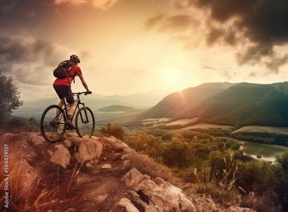Fototapeta premium Man on the mountain bike on the hill, ai generative