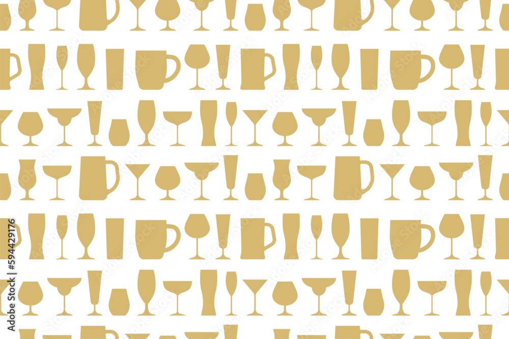 golden seamless pattern with different drinking glasses: beer, wine, cocktail, juice, brandy, champagne, martini- vector illustration golden seamless pattern with different drinking glasses: beer, wine, cocktail, juice, brandy, champagne, martini- vector illustration