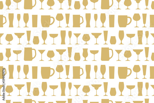 golden seamless pattern with different drinking glasses: beer, wine, cocktail, juice, brandy, champagne, martini- vector illustration