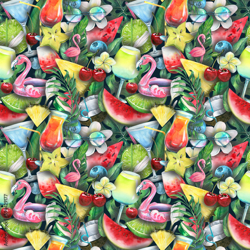 Tropical fruits, berries, palm leaves, beach cocktails, pink flamingos. Watercolor, seamless pattern from BEACH BAR collection. For textiles, fabrics, wallpapers, covers prints bar menus cafes shops