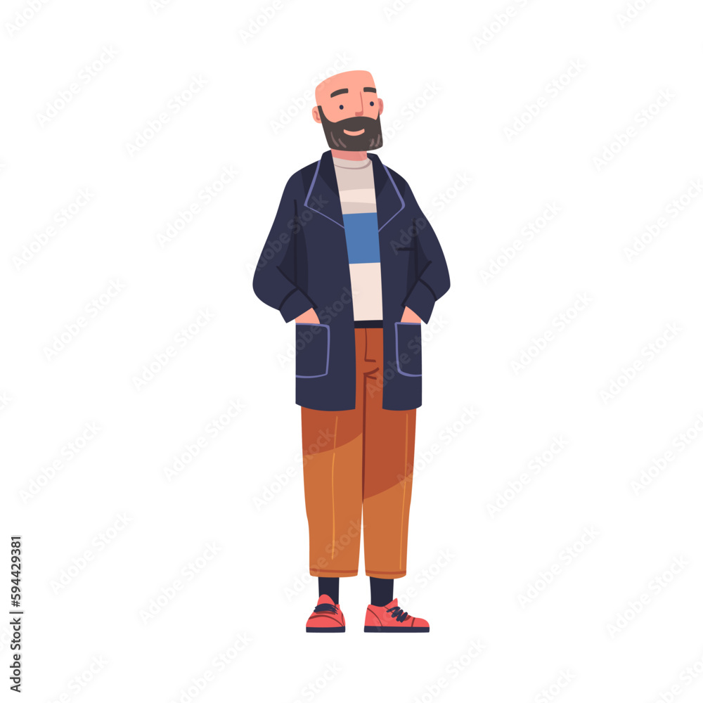 Happy Smiling Bearded Man Character Standing with Hands in Pocket Vector Illustration Happy Smiling Bearded Man Character Standing with Hands in Pocket Vector Illustration