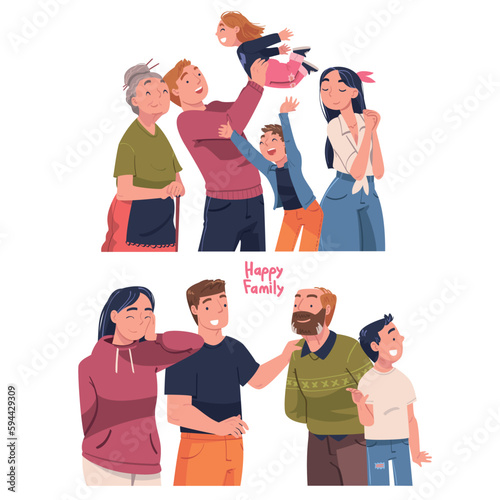 Happy Family Together with Young and Old Generation with Kids Vector Illustration Set