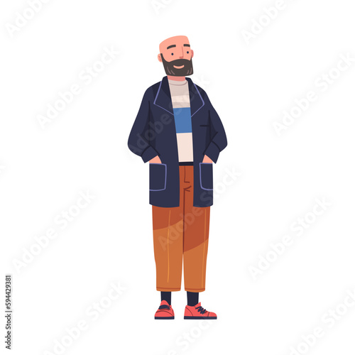 Happy Smiling Bearded Man Character Standing with Hands in Pocket Vector Illustration