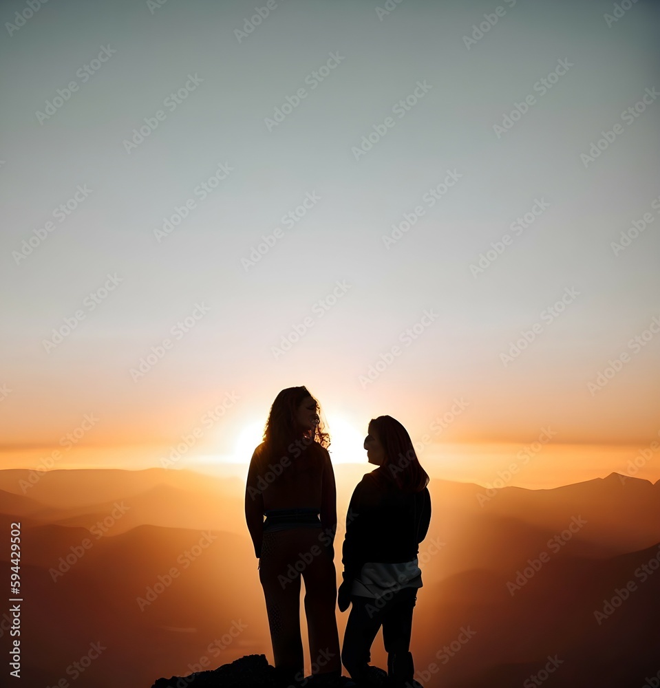 Frauen betrachten Sonnenuntergang auf einem Berg
