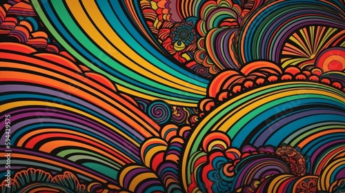A digital background illustration of vibrantly colored swirls and waves. Generative AI. 