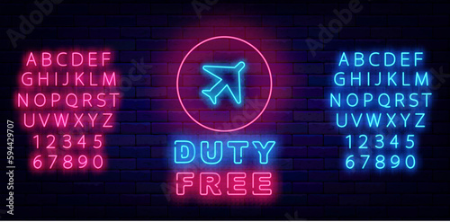 Duty free neon label. Circle with plane. Advertising on brick wall. Special offer airport. Vector stock illustration