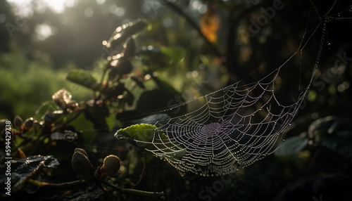 Spider web in forest glistens with dew generated by AI