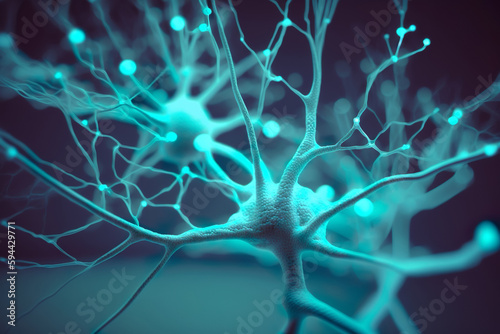 Neurological brain stem cells, firing neurons on blue background, nervous system illustration. Generative AI
