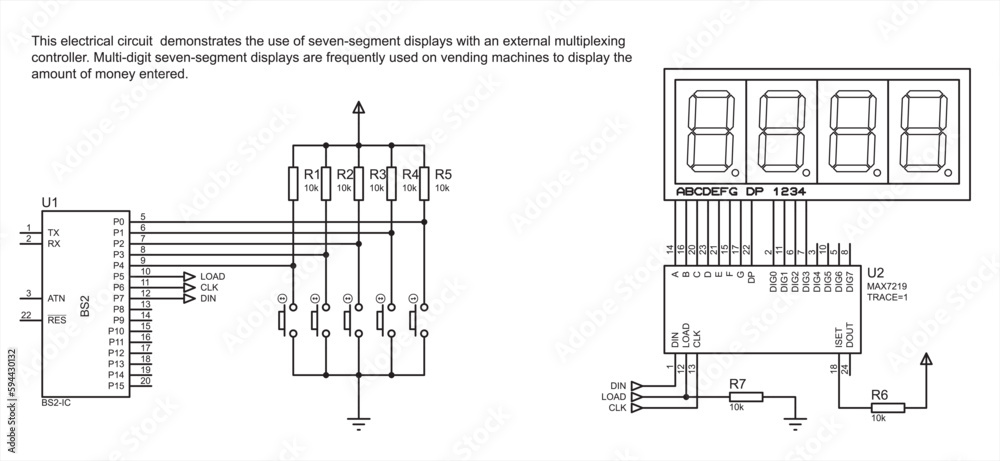 Schematic diagram of electronic device.
This electrical circuit demonstrates the use of seven-segment  displays with an external multiplexing
controller. Vector drawing.