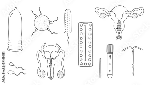Sexual education illustration set. Sexual health and contraception doodle style