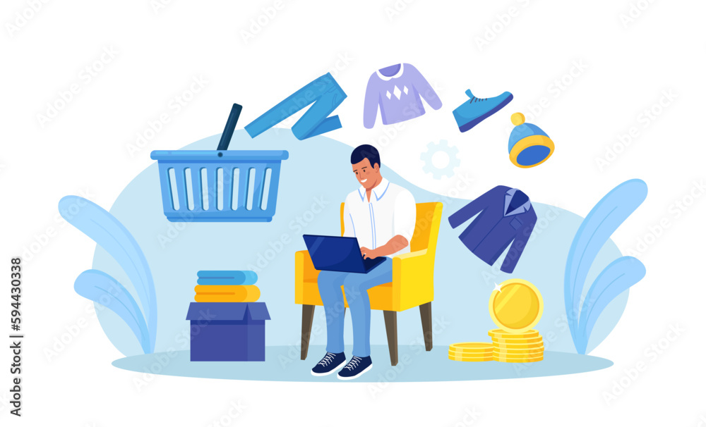 Young man shopping online using laptop, pay with mobile app. Customer choosing modern apparel, wearing, accessories for wardrobe. Internet garment shop, sale. Shopping cart, trolley with garments Young man shopping online using laptop, pay with mobile app. Customer choosing modern apparel, wearing, accessories for wardrobe. Internet garment shop, sale. Shopping cart, trolley with garments