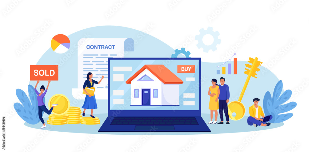 People invest money in property. House loan and rent. Young family buying home with mortgage and paying credit to bank. Money investment to real estate. Agreement of rental and key for new home