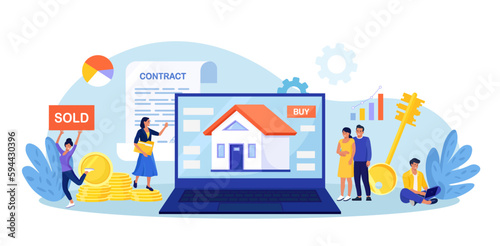 Fototapeta Naklejka Na Ścianę i Meble -  People invest money in property. House loan and rent. Young family buying home with mortgage and paying credit to bank. Money investment to real estate. Agreement of rental and key for new home