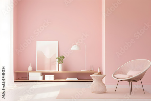 Minimal pink living room interior with armchair, coffee table and wooden shelf, natural lighting, generative, AI, Generative AI.