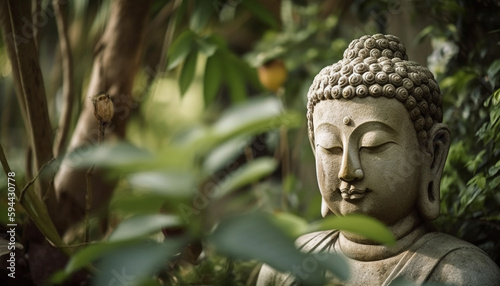 Meditating Buddha statue in tranquil forest setting generated by AI