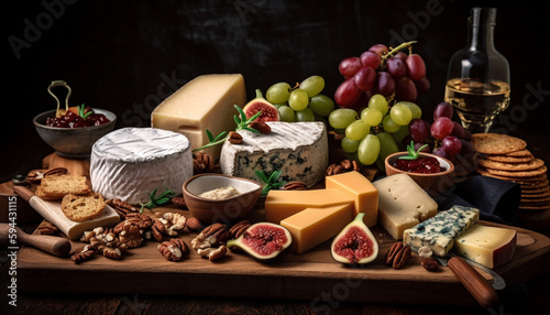 Rustic table with gourmet cheese and wine generated by AI