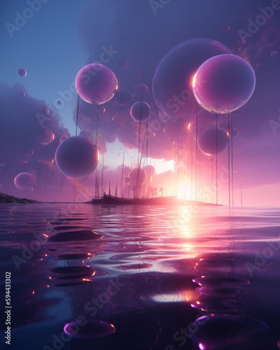 Calm Violet dreamy landscape. Soft Sunset sky. Magic glowing bubbles reflecting in a water. Fairytale wallpaper. Fantasy scene. Generative AI illustration.