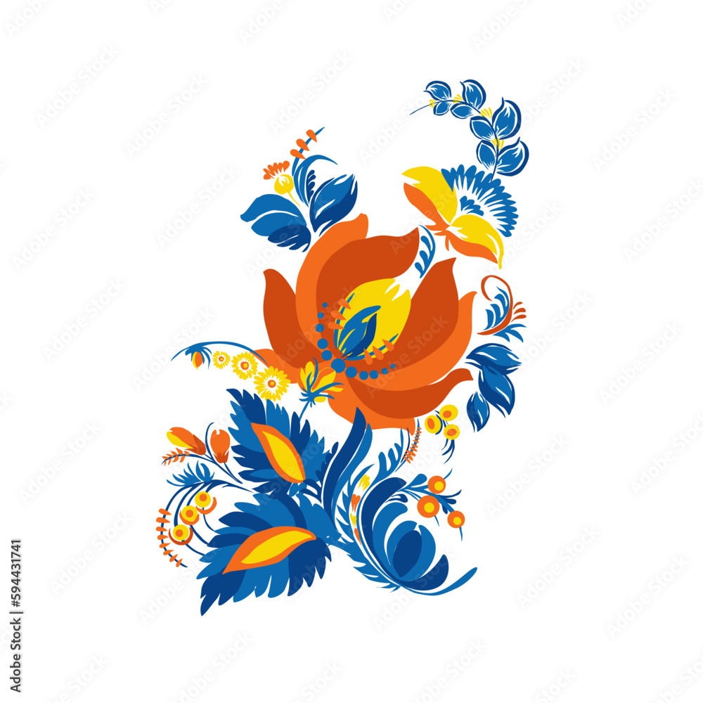 Traditional Ukrainian painting of Petrykivka. Elements of blue and yellow floral ornament. Decorative composition.