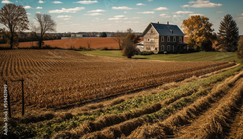 Rustic farmhouse sits upon grassy meadow Harvest beauty generated by AI