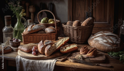 Rustic bread basket filled with organic ciabatta generated by AI