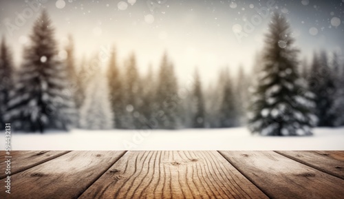 Wood Table Background with Holiday Lights and Copy Space. Generative  AI  © dDenVil