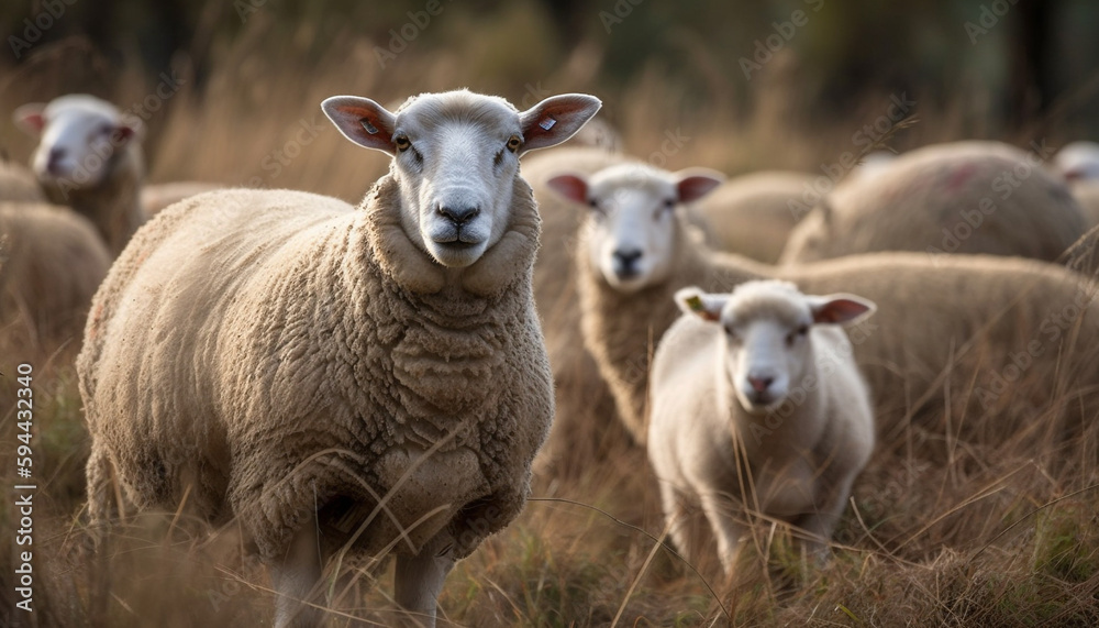 Cute young lamb grazing on green pasture generated by AI