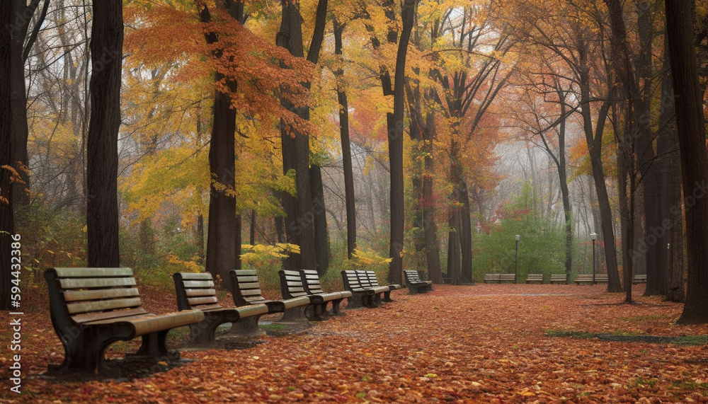 Naklejka premium Vibrant autumn leaves create bench side tranquil bliss generated by AI