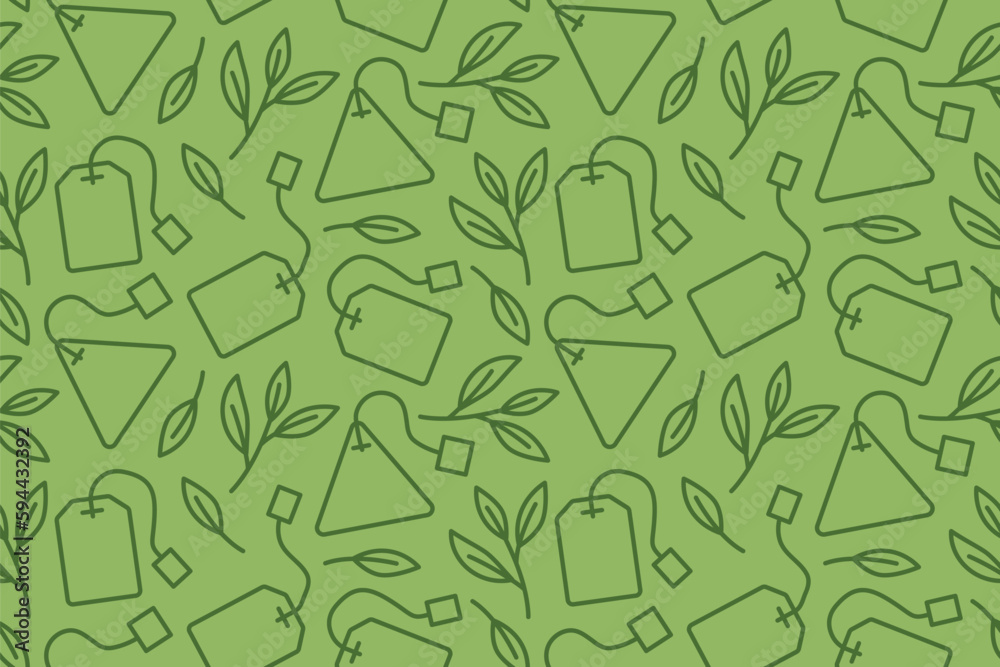 green tea seamless pattern with leaves and tea bags icons - vector illustration green tea seamless pattern with leaves and tea bags icons - vector illustration