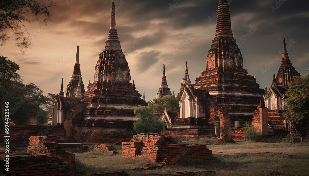 Fototapeta premium Majestic pagoda ancient ruins adorned with spirituality generated by AI