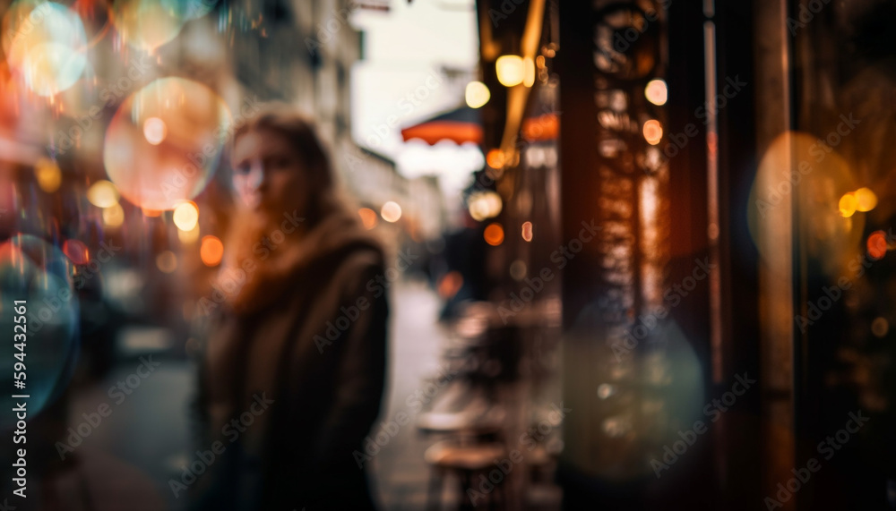Smiling women walking, nightlife illuminated, joyful cityscape generated by AI Smiling women walking, nightlife illuminated, joyful cityscape generated by AI